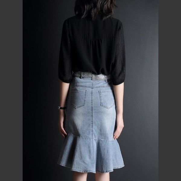 skirts elegant summer black chiffon shirt high waist denim plied skirt of two pieces office ensemble lady fashion knee wrap female huz6 
skirts elegant summer black chiffon shirt high waist denim plied skirt of two pieces office ensemble lady fashion knee wrap female huz6