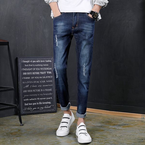 men's jeans hole summer mens brand black slim fit denim ripped ankle-length pant homme plus size isx1, Blue
men's jeans hole summer mens brand black slim fit denim ripped ankle-length pant homme plus size isx1, Blue