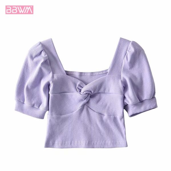 square collar exposed clavicle puff sleeve purple chic women's shirt pleated short navel short sleeve female 210507, White
square collar exposed clavicle puff sleeve purple chic women's shirt pleated short navel short sleeve female 210507, White