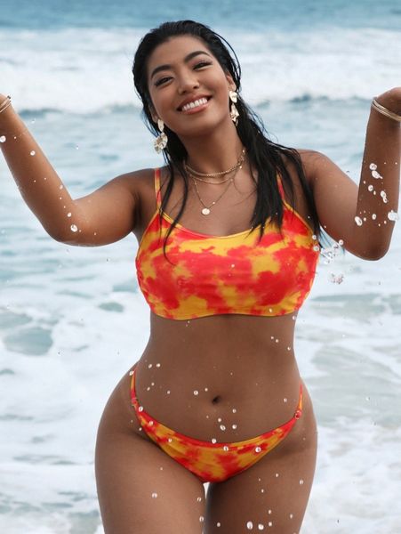 plus tie dye thong bikini swimsuit d8lw#, Black