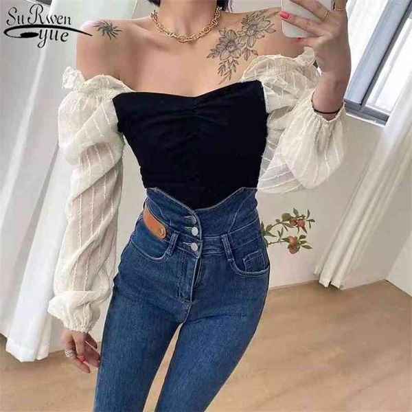 women's pleated hollow out long sleeve women and bloues slash-neck blouse with a fluffy 13502 210427, White
women's pleated hollow out long sleeve women and bloues slash-neck blouse with a fluffy 13502 210427, White