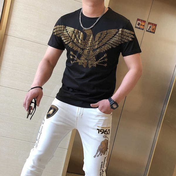 w0500 summer 2021 fashion boy eagle embroidery men's slim and handsome round neck drill short half sleeve t-shirt, White;black
w0500 summer 2021 fashion boy eagle embroidery men's slim and handsome round neck drill short half sleeve t-shirt, White;black