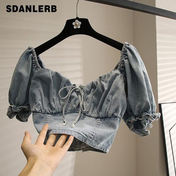women's blouses & shirts short denim shirt for women 2021 summer graceful puff sleeve midriff-baring blouse camisas mujer slim waist to, White 
women's blouses & shirts short denim shirt for women 2021 summer graceful puff sleeve midriff-baring blouse camisas mujer slim waist to, White