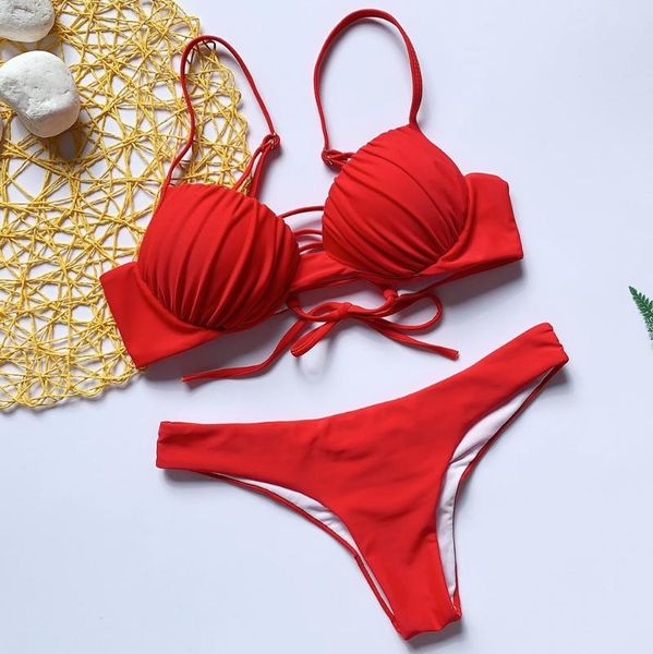 women's swimwear underwired button bikini 2021 women solid red pleat halter push up padded bra bandage bathing suit thong swimsuit, White;black
women's swimwear underwired button bikini 2021 women solid red pleat halter push up padded bra bandage bathing suit thong swimsuit, White;black