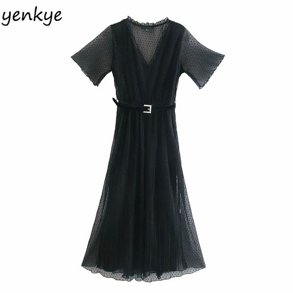 fashion women perspective belt dotted mesh dress female v neck short sleeve a-line midi vintage black vestido 210514, Black;gray
fashion women perspective belt dotted mesh dress female v neck short sleeve a-line midi vintage black vestido 210514, Black;gray