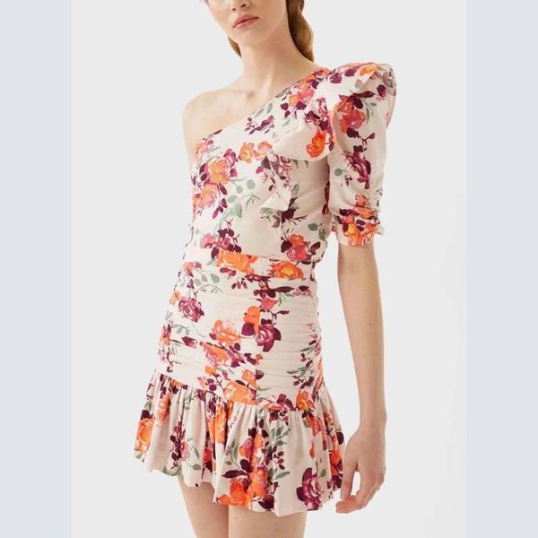 women summer suits two piece set floral printed asymmetric neckline one short sleeve & mini pleated skirts dress, White
women summer suits two piece set floral printed asymmetric neckline one short sleeve & mini pleated skirts dress, White