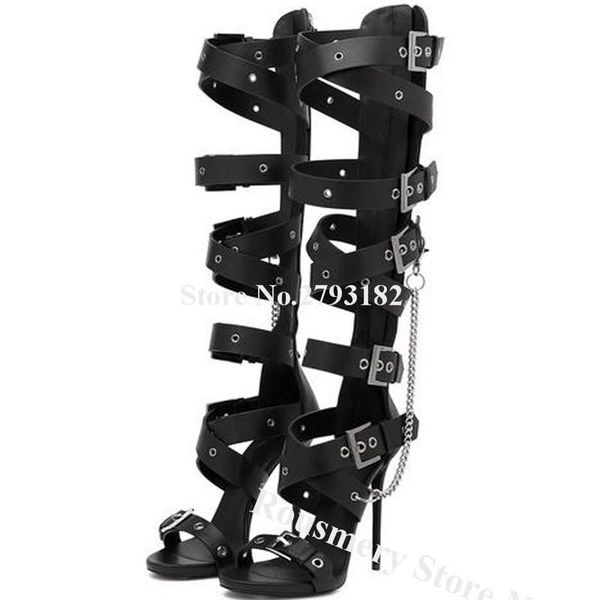 western fashion metal buckle hole straps stiletto heel knee high gladiator boots cut-out chains long sandals dress shoes, Black
western fashion metal buckle hole straps stiletto heel knee high gladiator boots cut-out chains long sandals dress shoes, Black