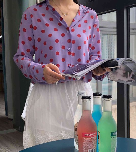 shirt grape 100% silk french retro haze purple berry red polka dot long sleeve turn-down collar women 253t, White
shirt grape 100% silk french retro haze purple berry red polka dot long sleeve turn-down collar women 253t, White