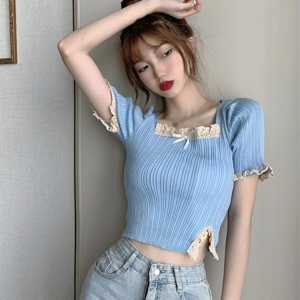 women's t-shirt sweet square collar knitted for women summer short sleeve t shirt girl lace shirts, White
women's t-shirt sweet square collar knitted for women summer short sleeve t shirt girl lace shirts, White
