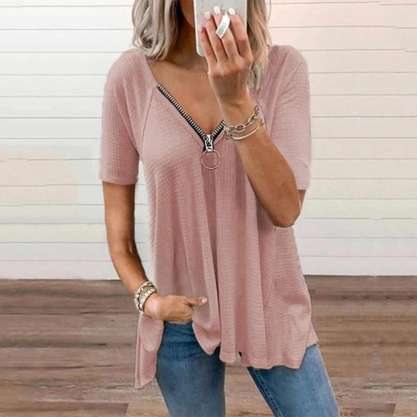 women's blouses & shirts v-neck collar zipper tee shirt solid color short sleeve fold casual blouse women loose top, White
women's blouses & shirts v-neck collar zipper tee shirt solid color short sleeve fold casual blouse women loose top, White