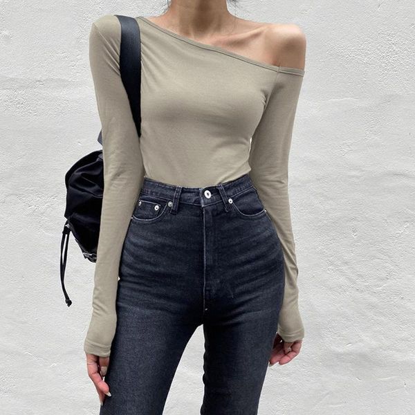 women's t-shirt 2021 bodysuit off shoulder asymmetric light ripe style solid color slim long sleeve one piece top, White
women's t-shirt 2021 bodysuit off shoulder asymmetric light ripe style solid color slim long sleeve one piece top, White