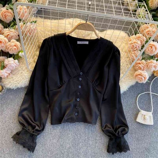women blouse spring temperament v-neck shirt solid color retro single-breasted long puff sleeve female blusa d010 210507, White 
women blouse spring temperament v-neck shirt solid color retro single-breasted long puff sleeve female blusa d010 210507, White