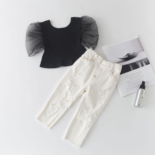 clothing sets summer baby suit girl clothes round neck transparent mesh sleeve black + white ripped jeans children's
clothing sets summer baby suit girl clothes round neck transparent mesh sleeve black + white ripped jeans children's