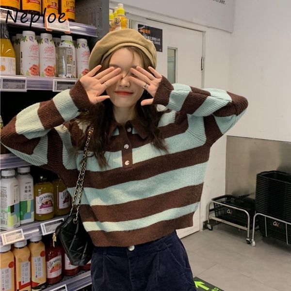neploe turn down collar button design short knit sweater women pullover long sleeve loose pull femme spring sueter 210510, White;black
neploe turn down collar button design short knit sweater women pullover long sleeve loose pull femme spring sueter 210510, White;black