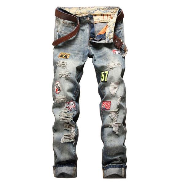 men's jeans slim straight-leg badge ripped pants, Blue
men's jeans slim straight-leg badge ripped pants, Blue