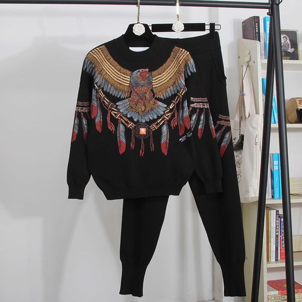 women's two piece pants handwork beading eagle print knitted set women tracksuits pullover sweater pencil outfits female loose kni, White
women's two piece pants handwork beading eagle print knitted set women tracksuits pullover sweater pencil outfits female loose kni, White