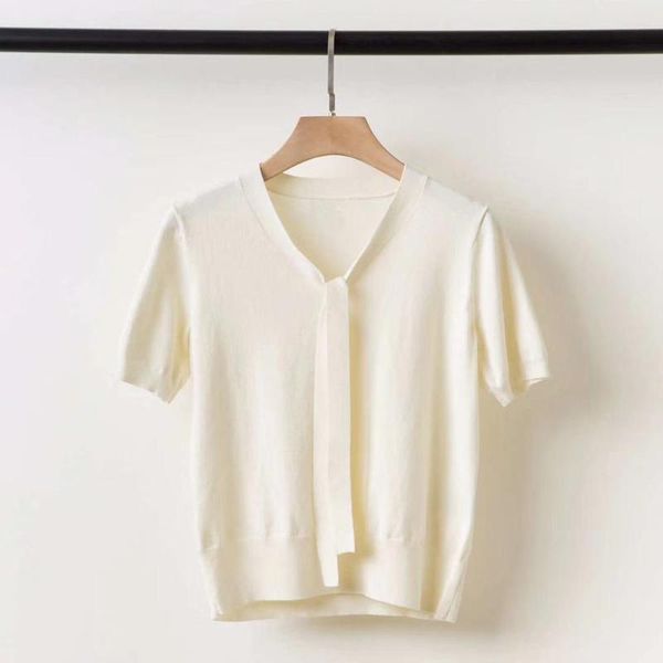 women's sweaters bow lace up elegant lady knitted sweater short sleeve v-neck solid color wild women pullover, White;black
women's sweaters bow lace up elegant lady knitted sweater short sleeve v-neck solid color wild women pullover, White;black