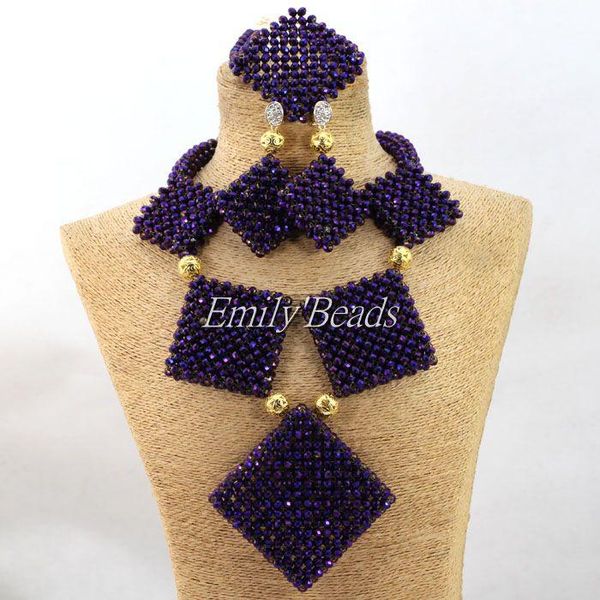 wedding jewelry sets fashionable african beads purple crystal set costume nigerian necklace alj427, Slivery;golden