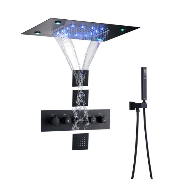 bathroom shower sets matte black thermostatic system waterfall rain head with handheld spray all functions can work together
bathroom shower sets matte black thermostatic system waterfall rain head with handheld spray all functions can work together