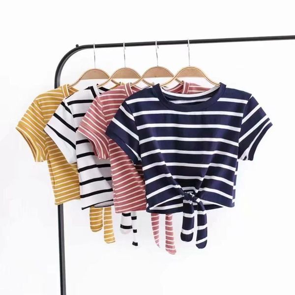 women's t-shirt style hem tie striped short sleeve for women summer slim round neck t-shir, White
women's t-shirt style hem tie striped short sleeve for women summer slim round neck t-shir, White