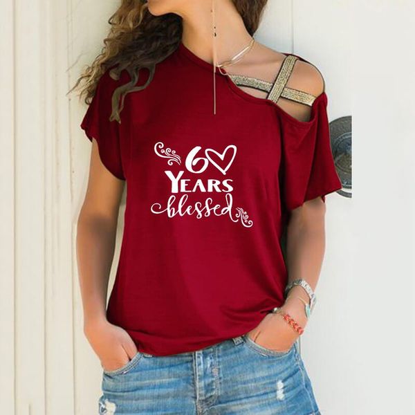 women's t-shirt 60 years blessed letter print loose irregular women harajuku skew neck cross bandage for female birthday gift, White
women's t-shirt 60 years blessed letter print loose irregular women harajuku skew neck cross bandage for female birthday gift, White