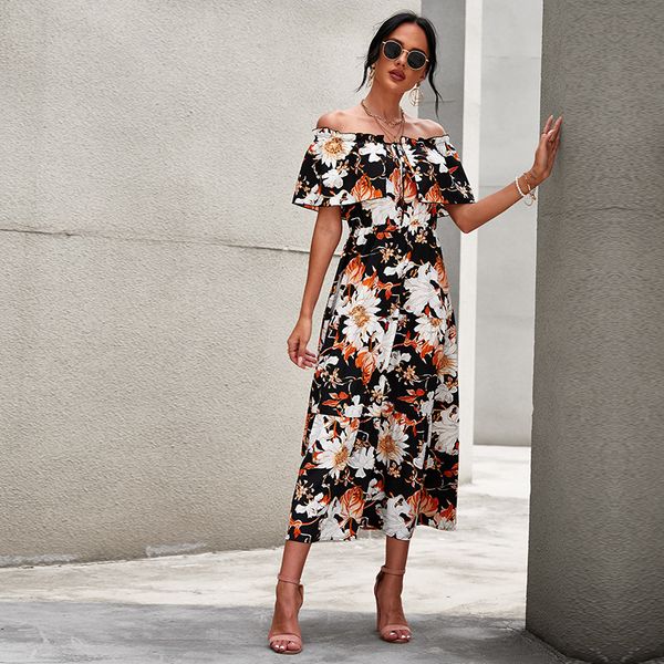 women's fashion loose long skirt short sleeve shoulder print dress, Black;gray
women's fashion loose long skirt short sleeve shoulder print dress, Black;gray
