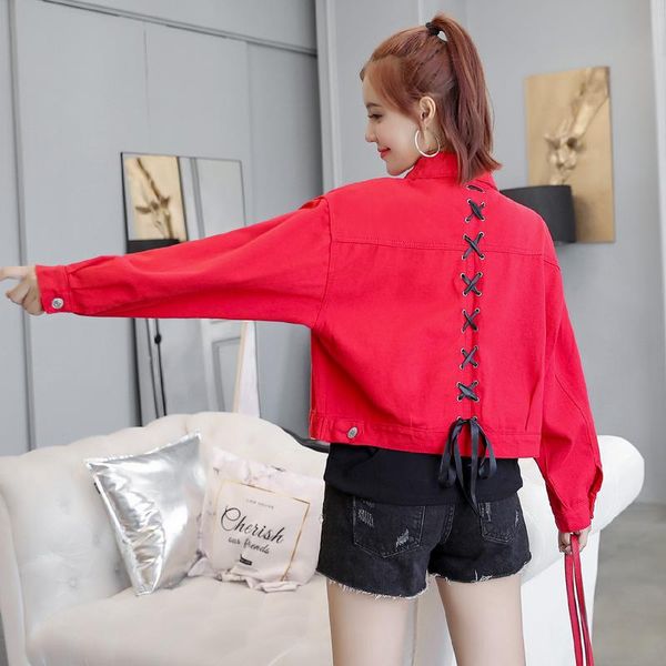 women's jackets 2021 red short jean woman jacket spring korean long sleeve loose lapel bandage splice purple denim coat autumn marynark, Black;brown
women's jackets 2021 red short jean woman jacket spring korean long sleeve loose lapel bandage splice purple denim coat autumn marynark, Black;brown