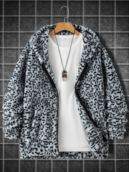 men leopard slant pockets hooded teddy jacket without tee 41bf#, Black;brown 
men leopard slant pockets hooded teddy jacket without tee 41bf#, Black;brown