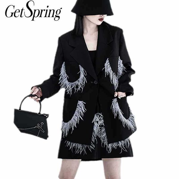 getspring women blazer black suit feathers stitching single button ladies coat irregular women's slim jacket 210601, White;black
getspring women blazer black suit feathers stitching single button ladies coat irregular women's slim jacket 210601, White;black