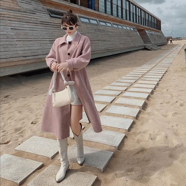 women's wool & blends coat real long sleeve single breasted fashion turn down female elegant loose winter outwear 2021, Black
women's wool & blends coat real long sleeve single breasted fashion turn down female elegant loose winter outwear 2021, Black
