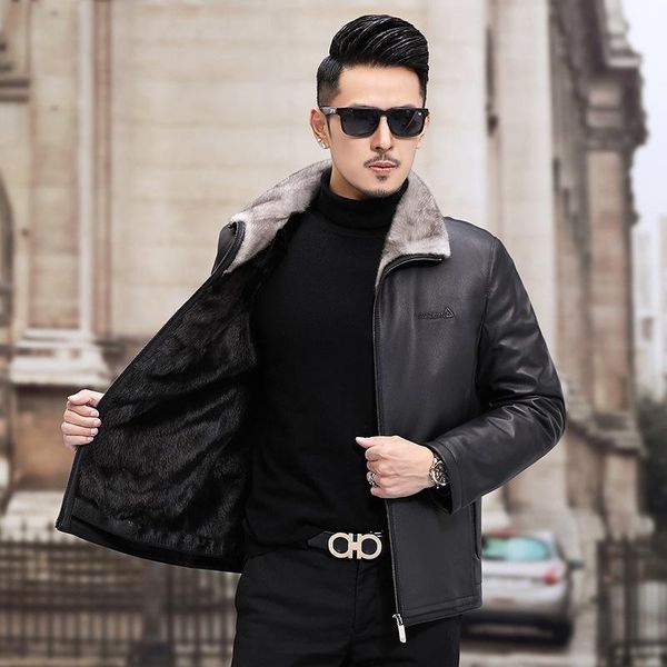 men's jackets haining fur 2021 mink liner goat leather jacket coat, Black;brown 
men's jackets haining fur 2021 mink liner goat leather jacket coat, Black;brown