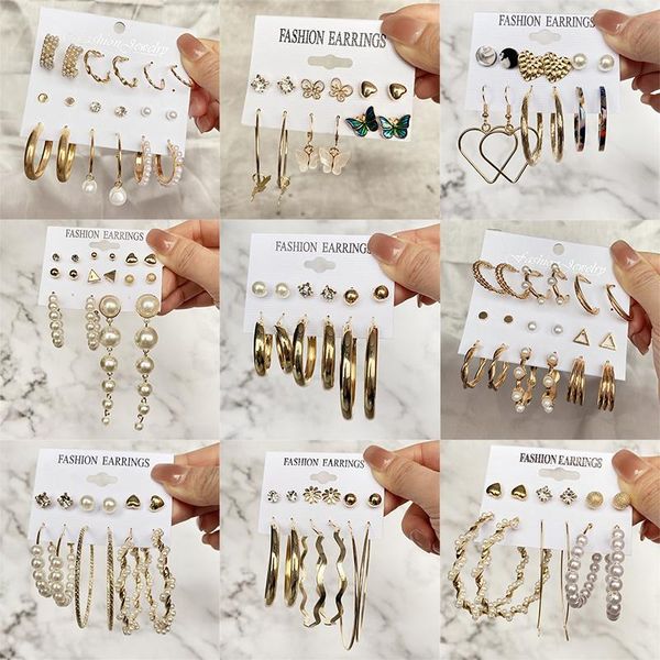 hoop & huggie fashion gold pearl earrings set women geometric metal circle statement punk trend 2021 for jewelry gifts, Golden;silver