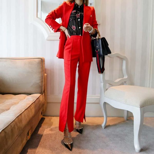 women's slim double-breasted red small suit split fork micro bell pants casual fashion office ol two-piece pantsuit women two piece, White
women's slim double-breasted red small suit split fork micro bell pants casual fashion office ol two-piece pantsuit women two piece, White