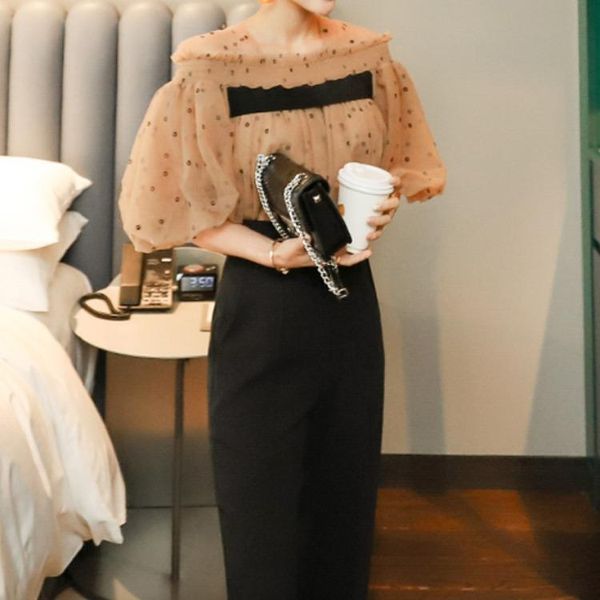 women's two piece pants office lady 2 pieces set women clothing mesh chiffon flower big puff sleeve +black high waist, White
women's two piece pants office lady 2 pieces set women clothing mesh chiffon flower big puff sleeve +black high waist, White