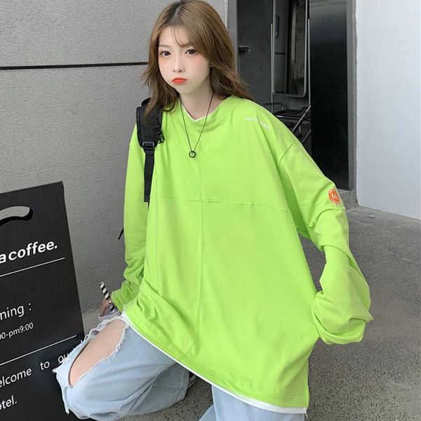 women's t-shirt japan style spring autumn korean fashion loose casual simple split splicing letter round neck long sleeve, White
women's t-shirt japan style spring autumn korean fashion loose casual simple split splicing letter round neck long sleeve, White