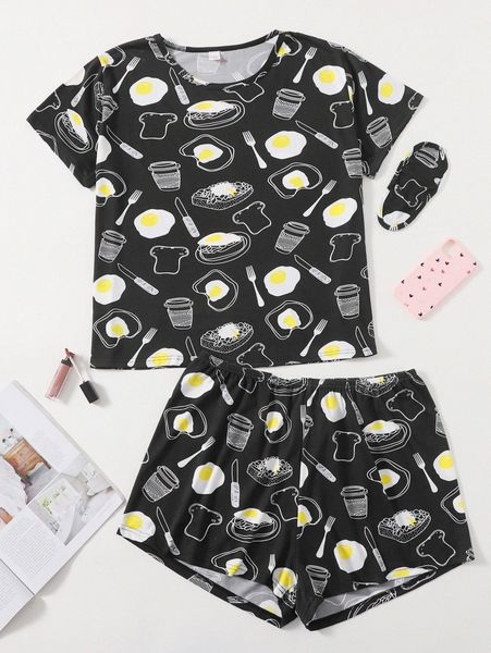 plus cartoon graphic pajama set u122#, Black;white