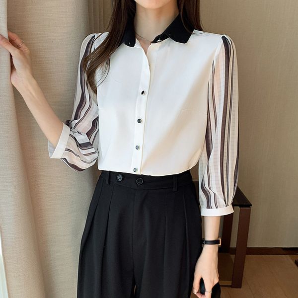 korean women's shirt chiffon blouses for women sleeveless female white polo neck blouse woman striped 210427
korean women's shirt chiffon blouses for women sleeveless female white polo neck blouse woman striped 210427