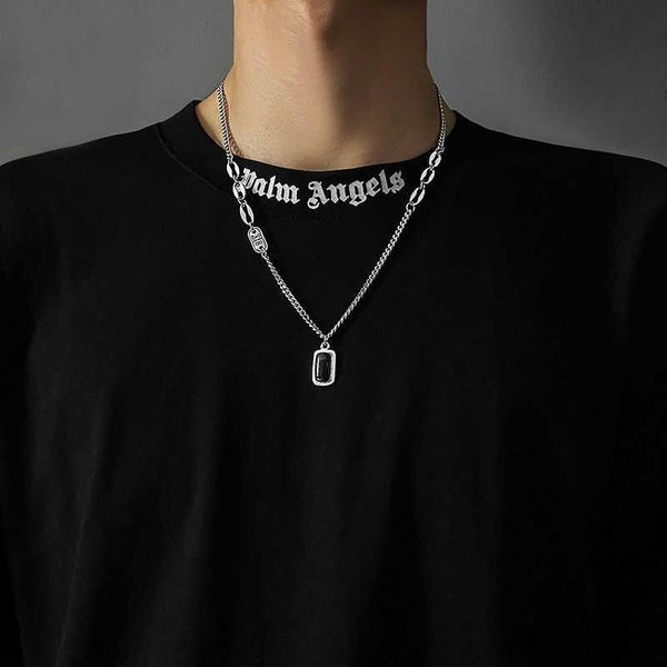 earrings & necklace titanium steel no fading retro black gem pendant for men, Silver 
earrings & necklace titanium steel no fading retro black gem pendant for men, Silver