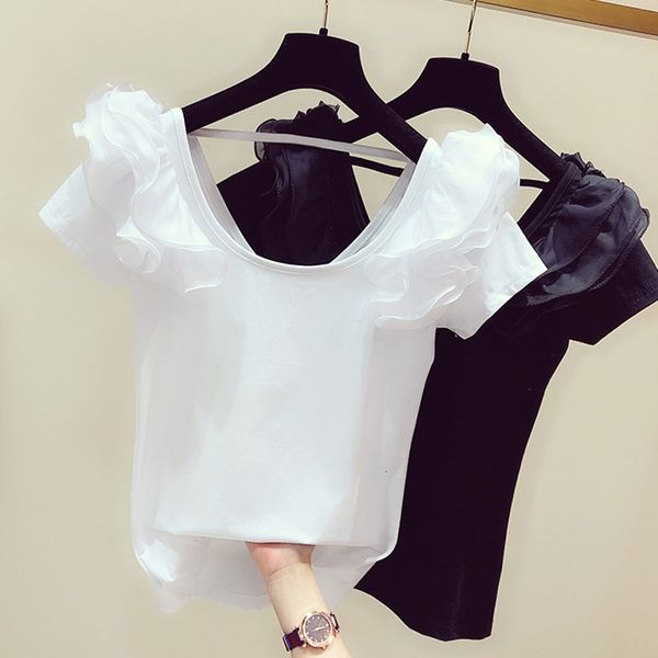 t shirt white woman spring and summer elegant solid color low round neck short-sleeve ruffle t-shirt women's casual tee 
t shirt white woman spring and summer elegant solid color low round neck short-sleeve ruffle t-shirt women's casual tee