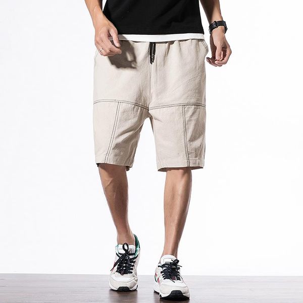 men's shorts casual men elastic waist summer beach cotton linen bermuda knee length fashion breathable solid joggers male, White;black 
men's shorts casual men elastic waist summer beach cotton linen bermuda knee length fashion breathable solid joggers male, White;black