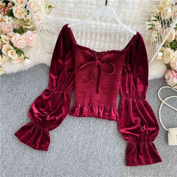 women velvet shirt pleated design niche autumn clothes square collar slim waist lantern sleeve short female gx1087 210507, White
women velvet shirt pleated design niche autumn clothes square collar slim waist lantern sleeve short female gx1087 210507, White