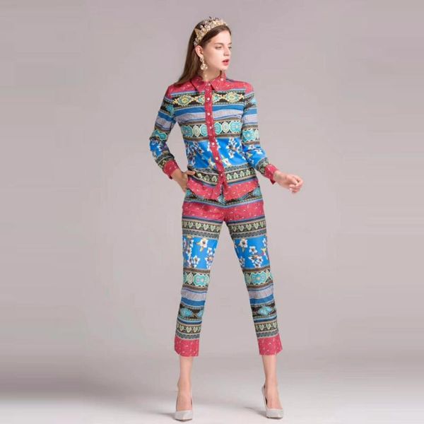 women's suits & blazers autumn fashion vintage print women european arrival full sleeve turn-down collar shirts + slim pants se, White;black
women's suits & blazers autumn fashion vintage print women european arrival full sleeve turn-down collar shirts + slim pants se, White;black