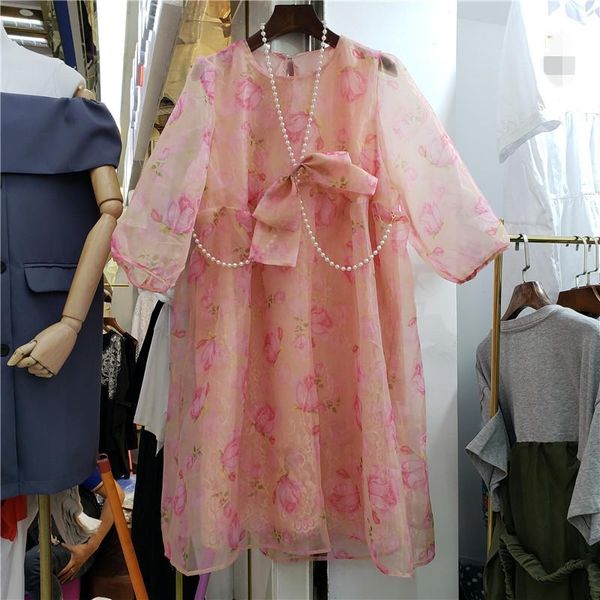 casual dresses superaen spring/summer 2021 beautiful bow pearl necklace printed loose lace a-line o neck women, Black;gray