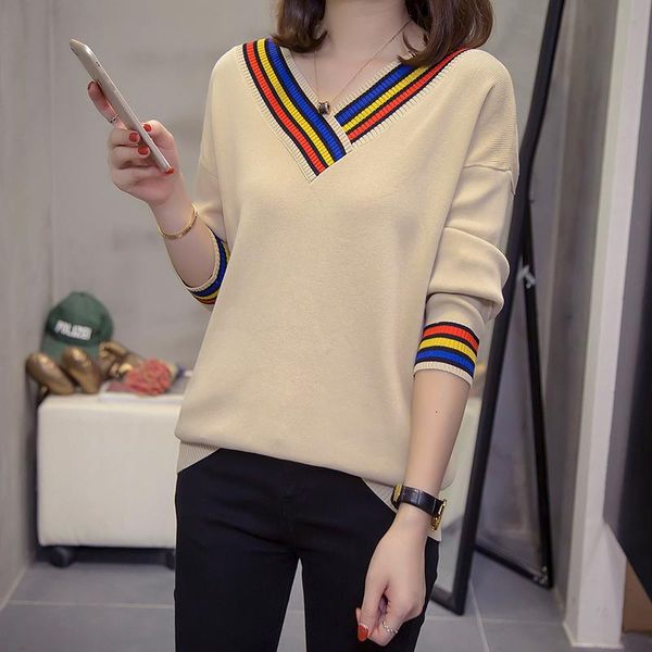 women's sweaters winter v-neck colorfull striped loose knitwear oversized ladies jumpers plus size knit pullovers and women 2021 autumn, White;black
women's sweaters winter v-neck colorfull striped loose knitwear oversized ladies jumpers plus size knit pullovers and women 2021 autumn, White;black