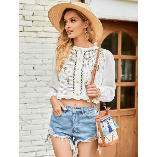 women's t-shirt autumn and winter fashion loose foreign style embroidery stitching long sleeve hollow out shirt top, White
women's t-shirt autumn and winter fashion loose foreign style embroidery stitching long sleeve hollow out shirt top, White