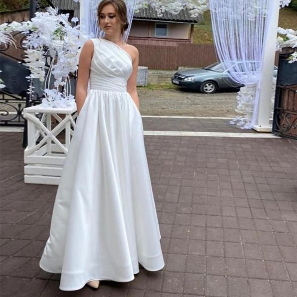 other wedding dresses simple a-line elegant sleeveless satin floor length vestido de novia ruched one shoulder bridal gown, White
other wedding dresses simple a-line elegant sleeveless satin floor length vestido de novia ruched one shoulder bridal gown, White