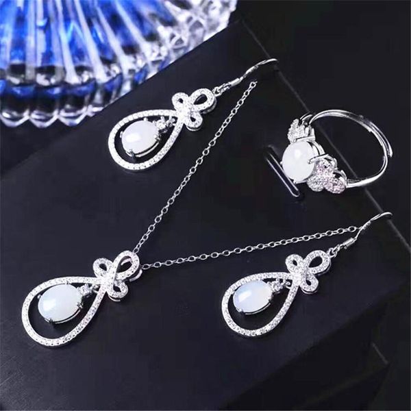 silver inlaid natural hetian jade white pendant necklace earrings set ring three piece bracelet, &, Black
silver inlaid natural hetian jade white pendant necklace earrings set ring three piece bracelet, &, Black