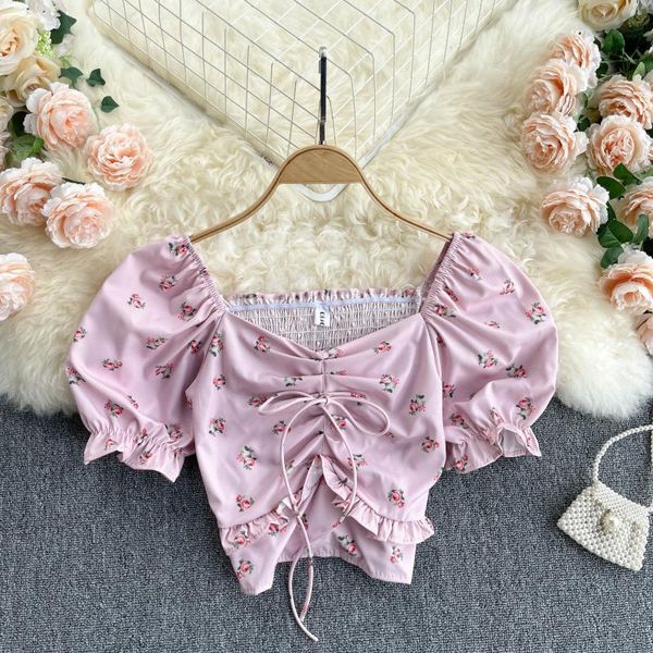 women's blouses & shirts summer women shirt short puff sleeve drawstring slim elastic square collar floral sweet crop, White
women's blouses & shirts summer women shirt short puff sleeve drawstring slim elastic square collar floral sweet crop, White