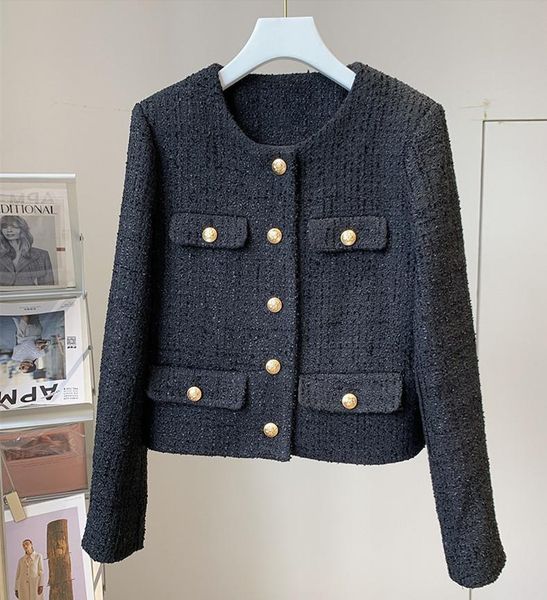 women's jackets spring autumn elegant black o-neck tweed coat pockets c570, Black;brown
women's jackets spring autumn elegant black o-neck tweed coat pockets c570, Black;brown