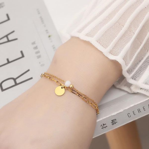 link, chain trendy crystal double bracelets stainless steel women round pendant fashion jewelry accessory, Black
link, chain trendy crystal double bracelets stainless steel women round pendant fashion jewelry accessory, Black